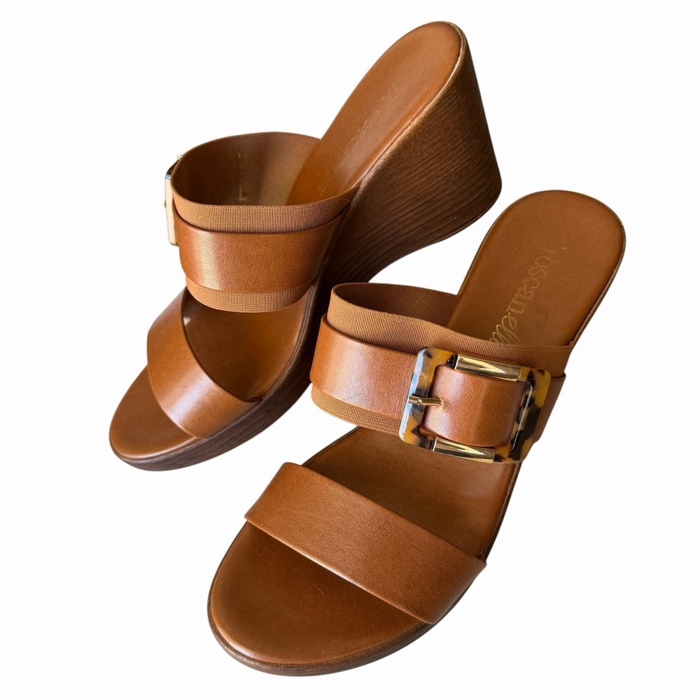 Toscanella Leather Wedge Sandals Sz 9 Brown Italian Buckle Timeless Old‎ Money